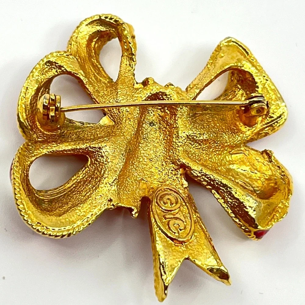 Vintage AJC Red Enamel Bow Brooch, Gold Tone Textured Holiday Ribbon Pin Classic